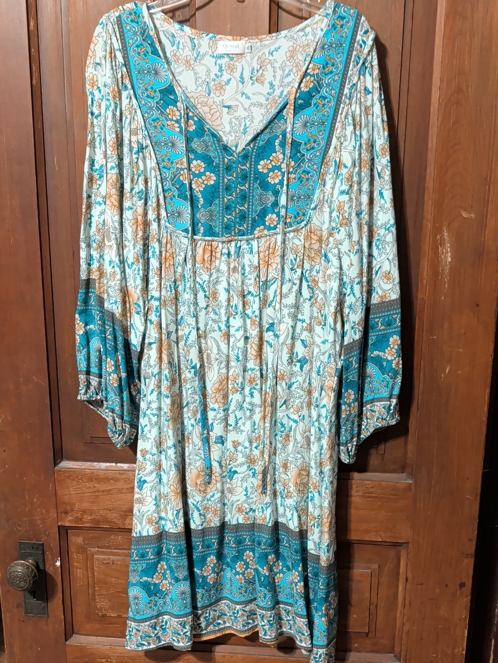 Boho Floral V-Neck Maxi Dress in Teal and Cream